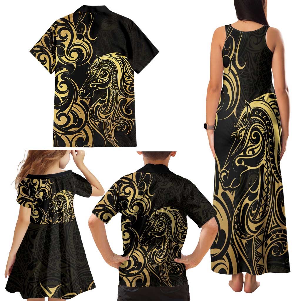 Gold And Black Aotearoa Horse Racing Family Matching Tank Maxi Dress and Hawaiian Shirt NZ Maori Pattern LT14 - Polynesian Pride