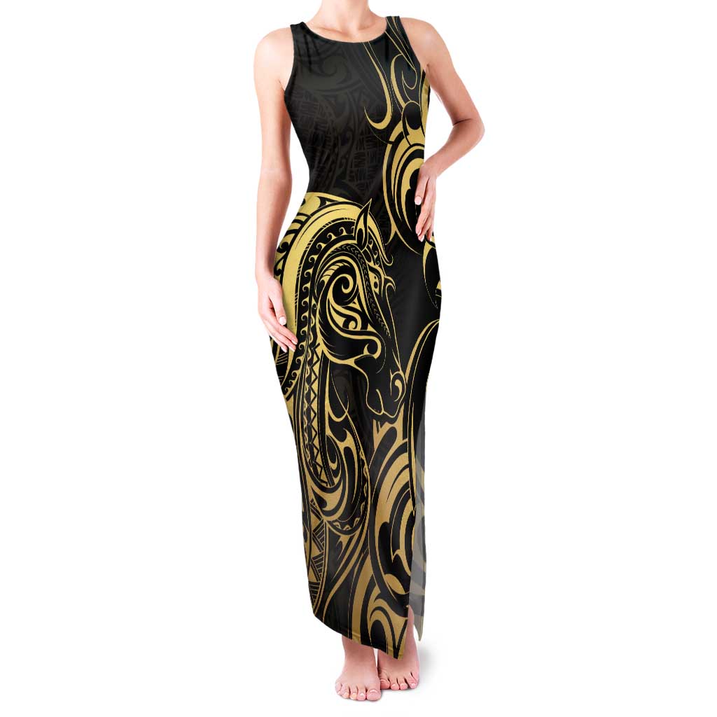 Gold And Black Aotearoa Horse Racing Family Matching Tank Maxi Dress and Hawaiian Shirt NZ Maori Pattern LT14 Mom's Dress Black - Polynesian Pride