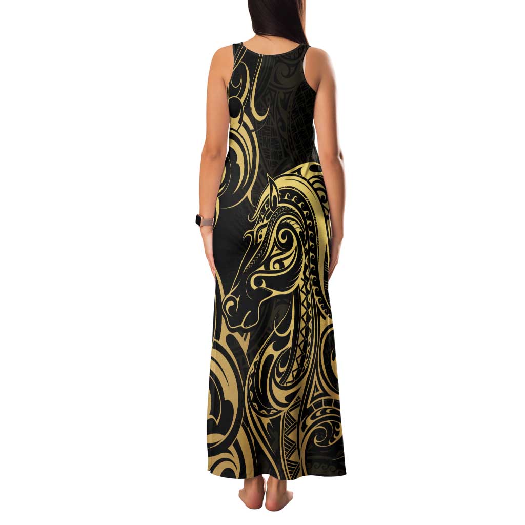 Gold And Black Aotearoa Horse Racing Family Matching Tank Maxi Dress and Hawaiian Shirt NZ Maori Pattern LT14 - Polynesian Pride