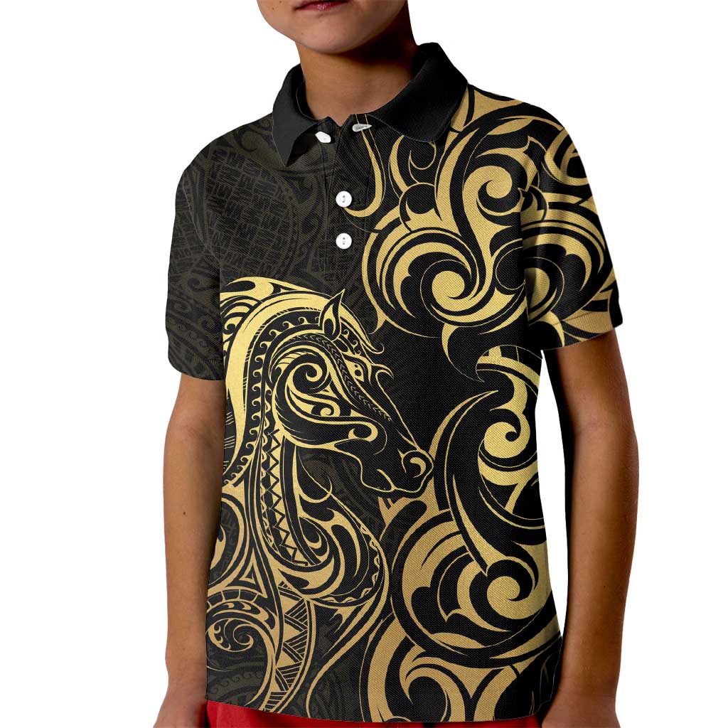 Gold And Black Aoteara Horse Racing Kid Polo Shirt NZ Maori Pattern