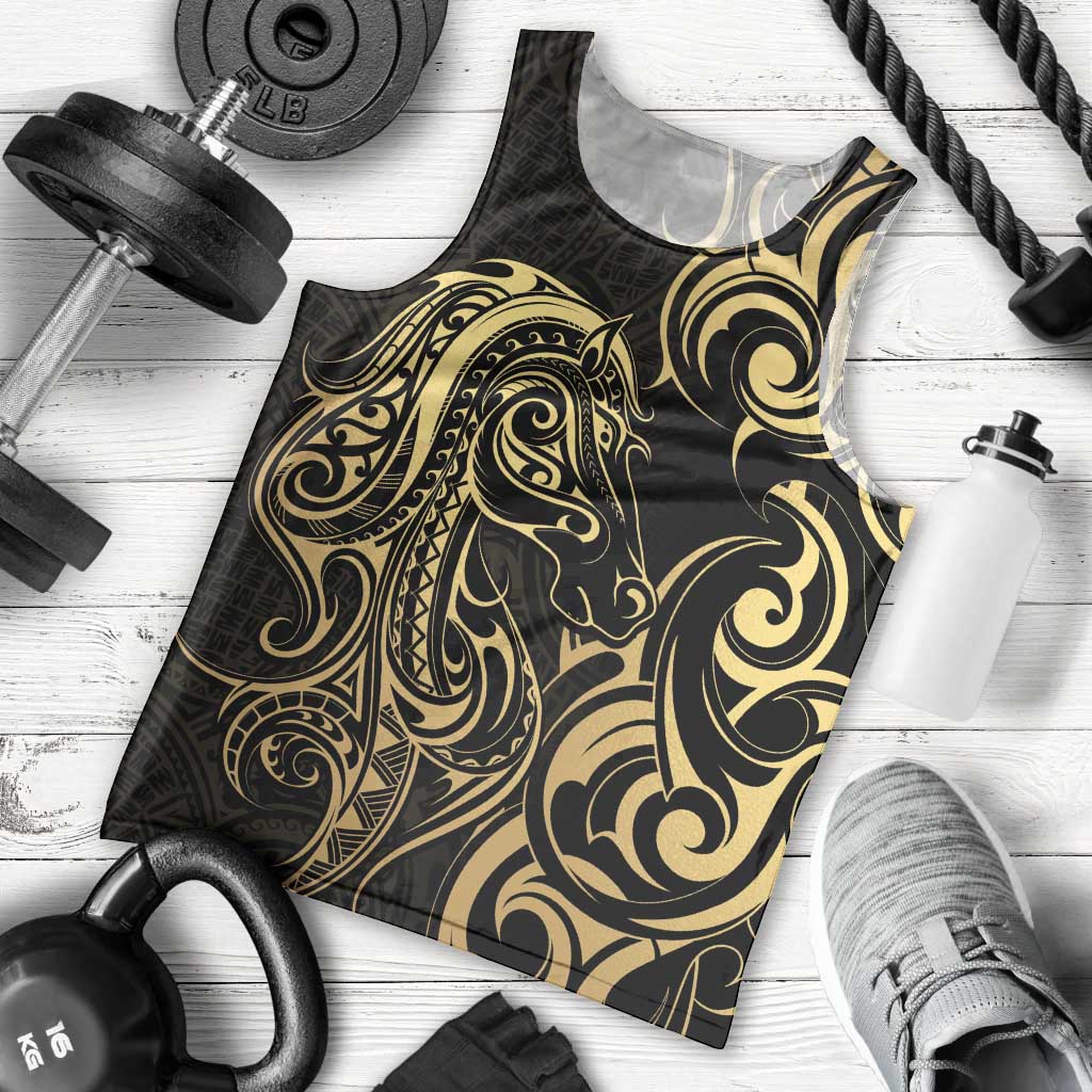 Gold And Black Aoteara Horse Racing Men Tank Top NZ Maori Pattern