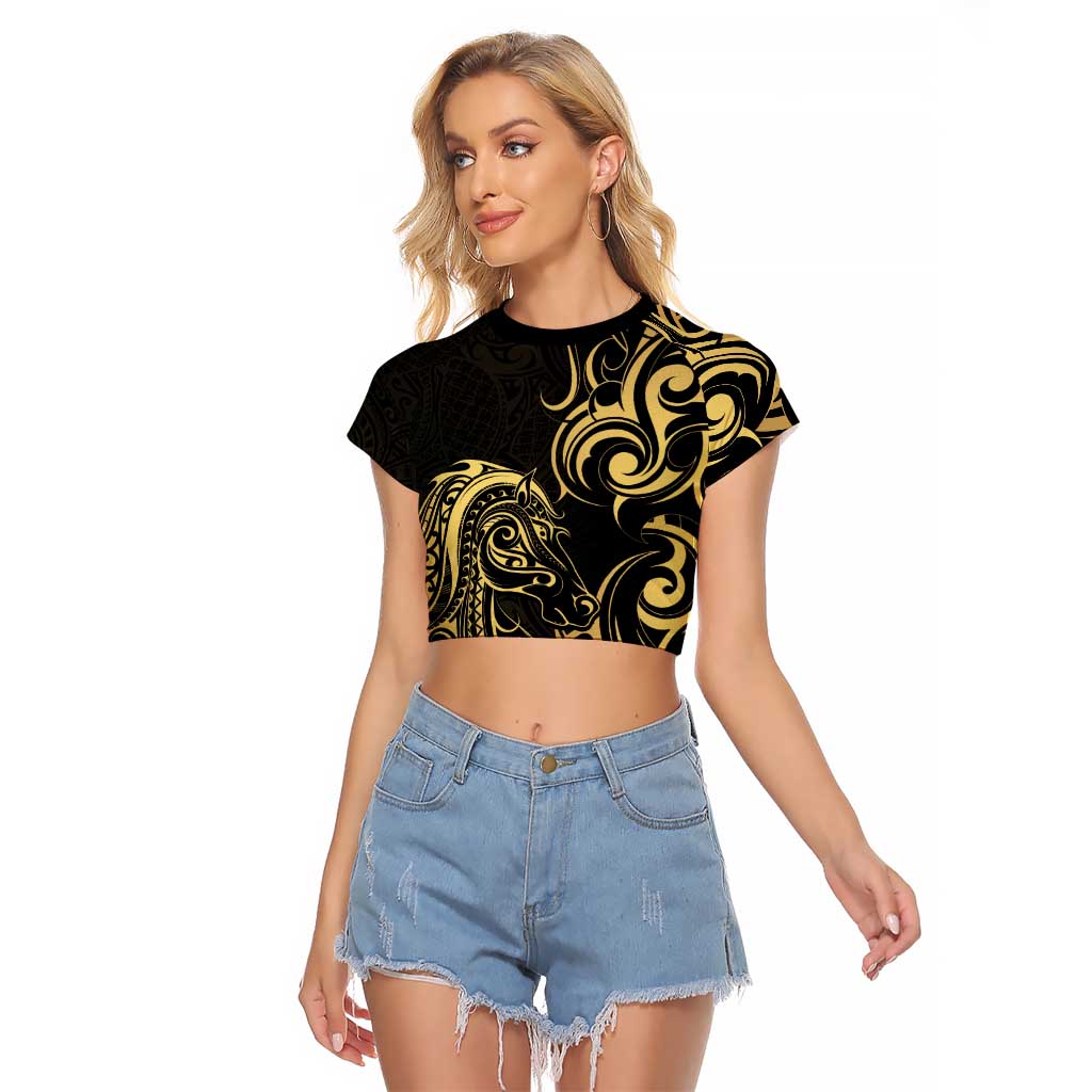 Gold And Black Aoteara Horse Racing Raglan Cropped T Shirt NZ Maori Pattern