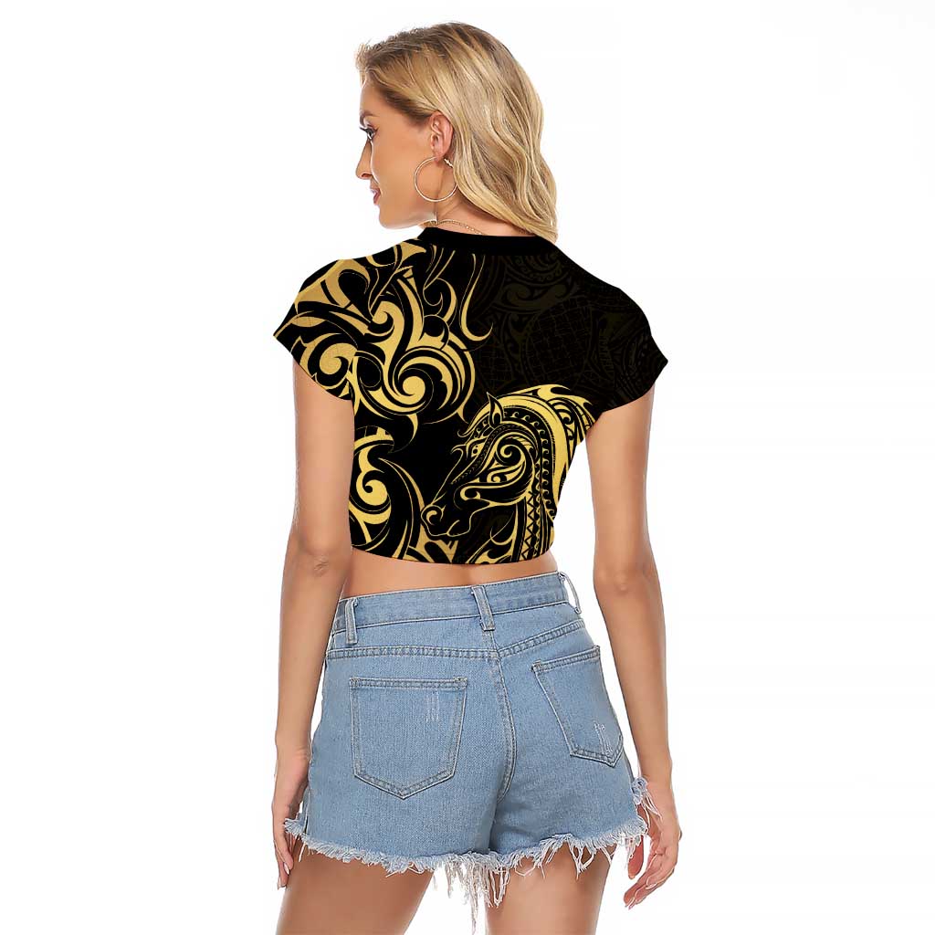 Gold And Black Aoteara Horse Racing Raglan Cropped T Shirt NZ Maori Pattern