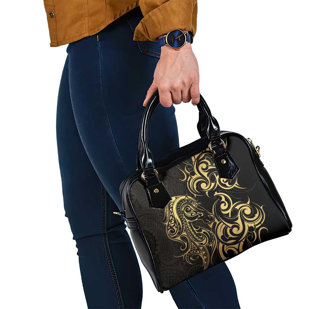 Gold And Black Aoteara Horse Racing Shoulder Handbag NZ Maori Pattern