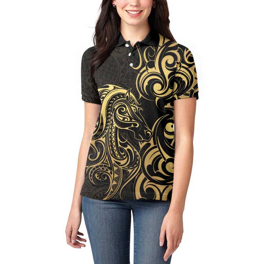 Gold And Black Aoteara Horse Racing Women Polo Shirt NZ Maori Pattern