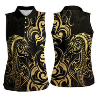 Gold And Black Aoteara Horse Racing Women Sleeveless Polo Shirt NZ Maori Pattern