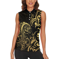 Gold And Black Aoteara Horse Racing Women Sleeveless Polo Shirt NZ Maori Pattern