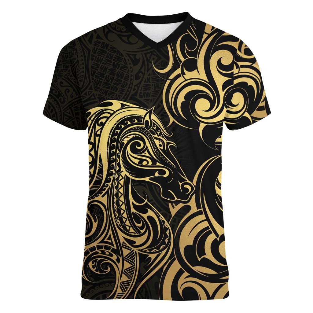 Gold And Black Aoteara Horse Racing Women V-Neck T-Shirt NZ Maori Pattern