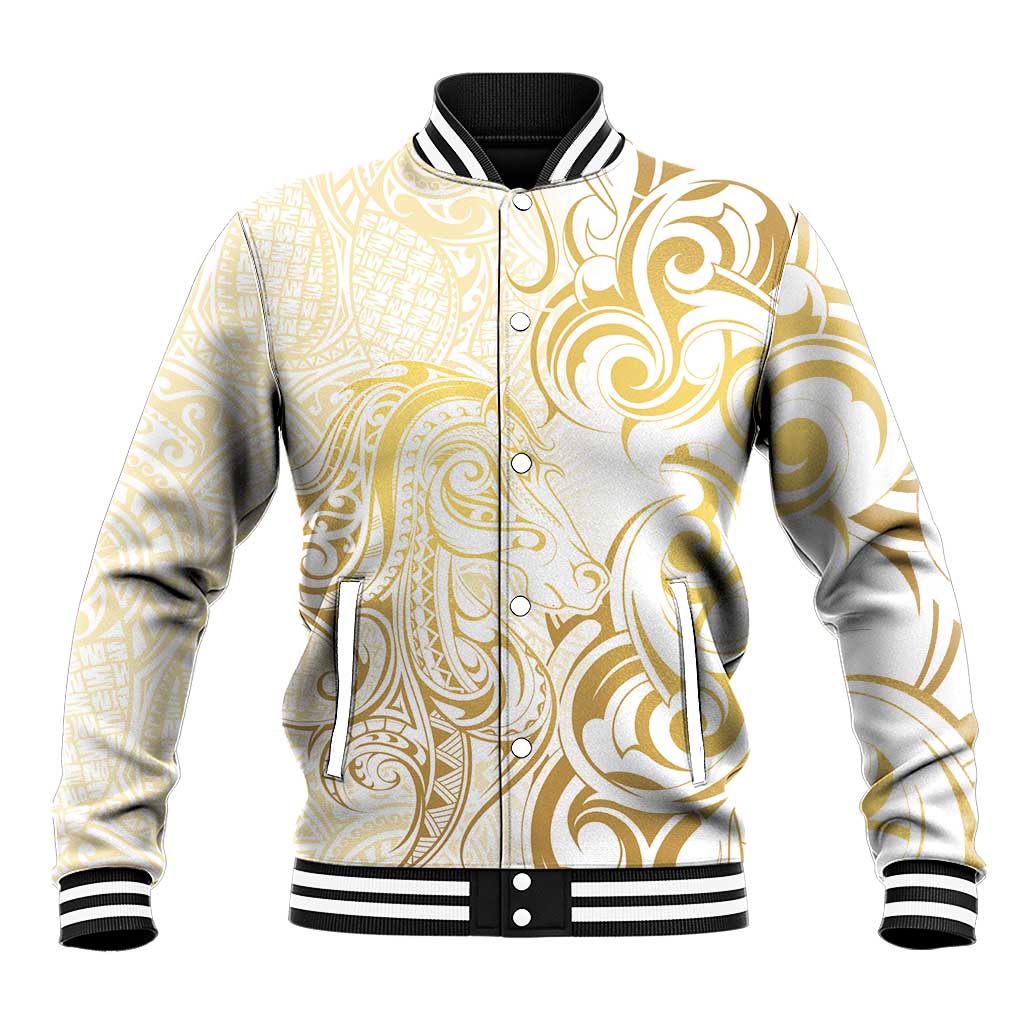 Gold And White Aoteara Horse Racing Baseball Jacket NZ Maori Pattern