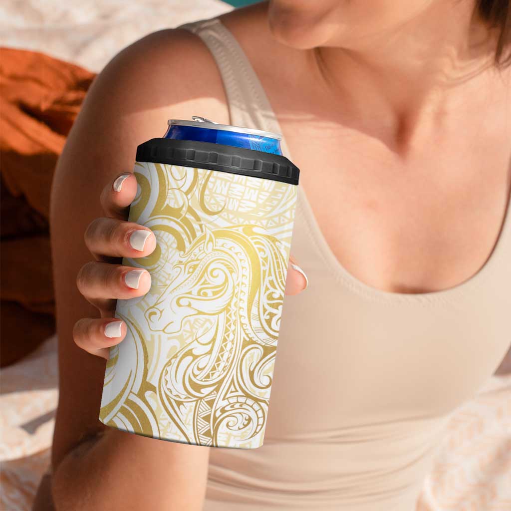 Gold And White Aoteara Horse Racing 4 in 1 Can Cooler Tumbler NZ Maori Pattern