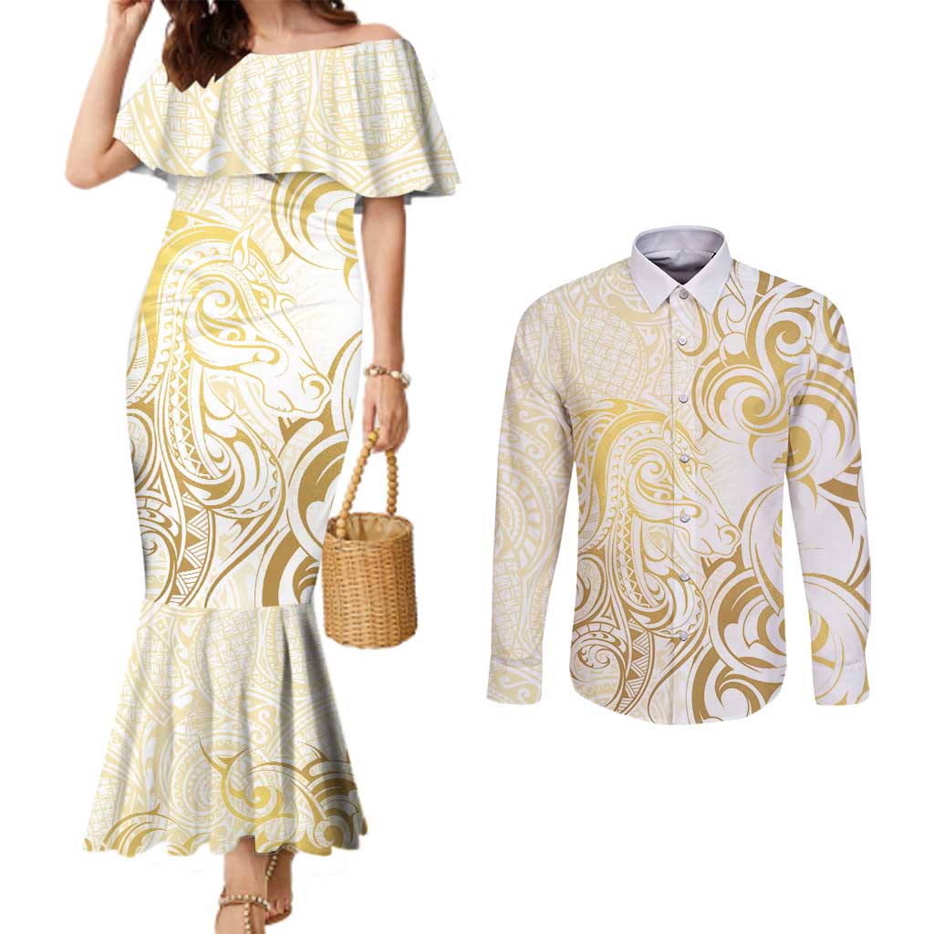 Gold And White Aoteara Horse Racing Couples Matching Mermaid Dress and Long Sleeve Button Shirt NZ Maori Pattern