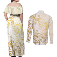 Gold And White Aoteara Horse Racing Couples Matching Off Shoulder Maxi Dress and Long Sleeve Button Shirt NZ Maori Pattern