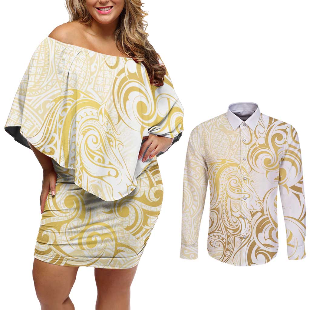 Gold And White Aoteara Horse Racing Couples Matching Off Shoulder Short Dress and Long Sleeve Button Shirt NZ Maori Pattern