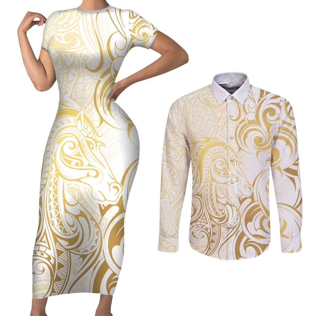 Gold And White Aoteara Horse Racing Couples Matching Short Sleeve Bodycon Dress and Long Sleeve Button Shirt NZ Maori Pattern