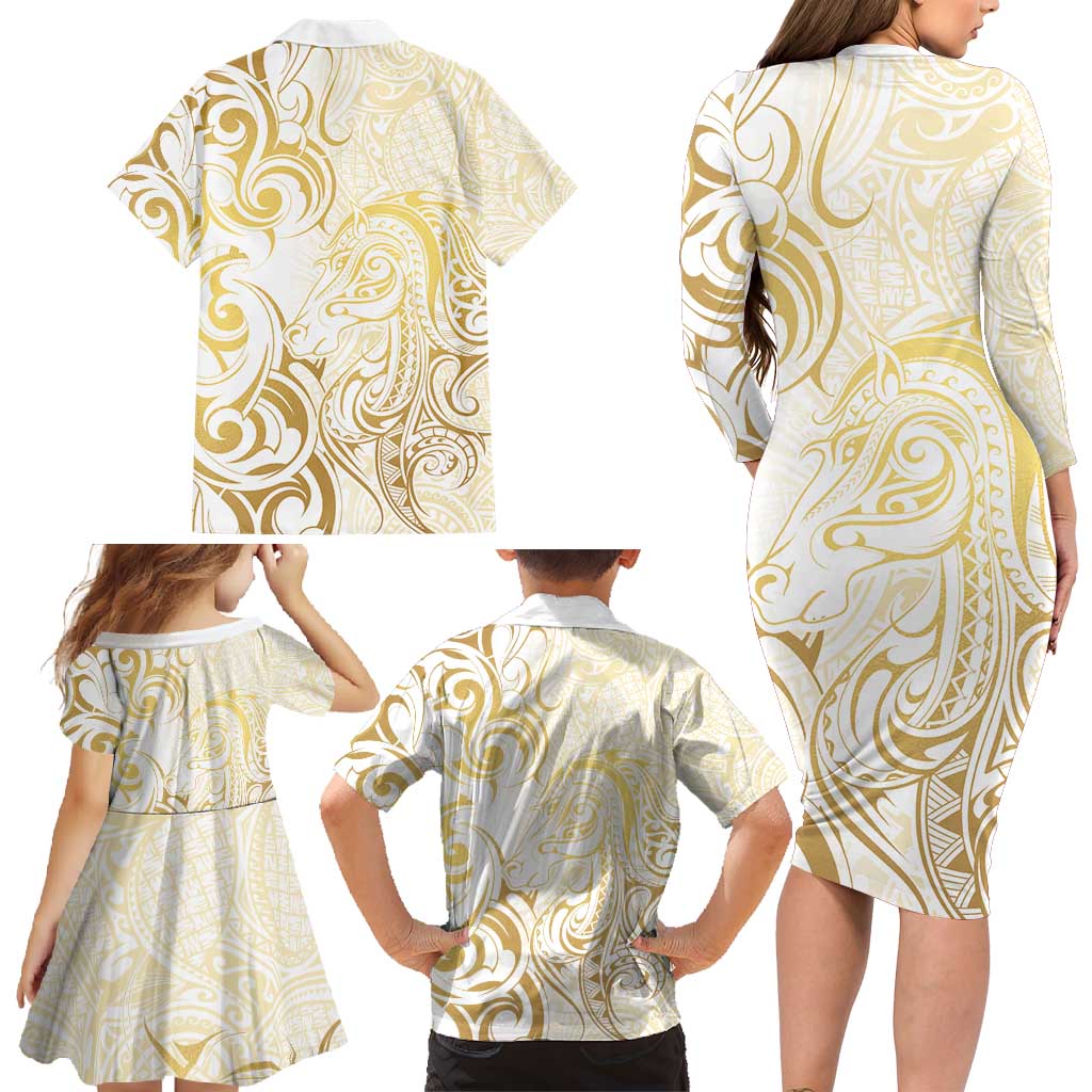 Gold And White Aotearoa Horse Racing Family Matching Long Sleeve Bodycon Dress and Hawaiian Shirt NZ Maori Pattern LT14 - Polynesian Pride