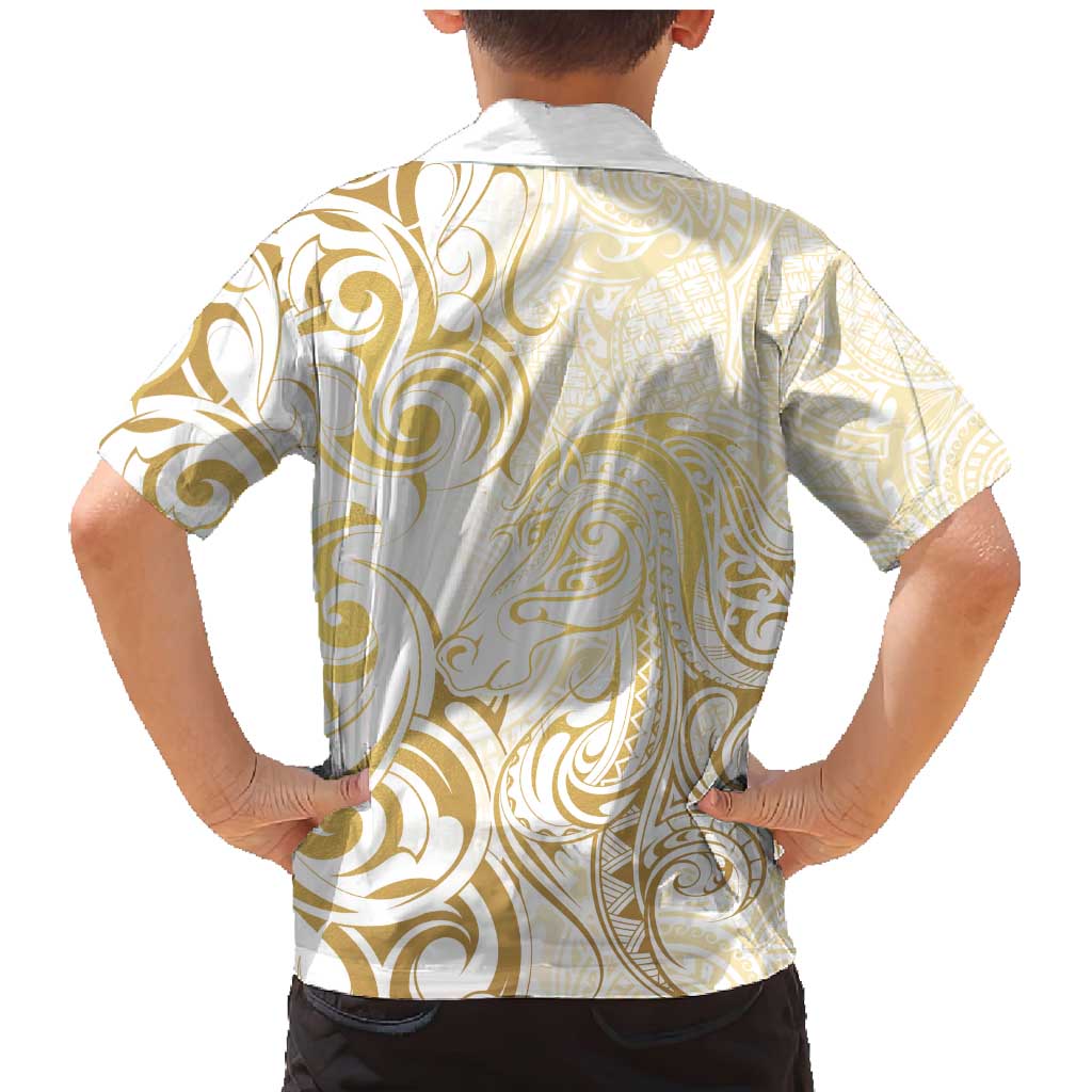 Gold And White Aotearoa Horse Racing Family Matching Mermaid Dress and Hawaiian Shirt NZ Maori Pattern LT14 - Polynesian Pride