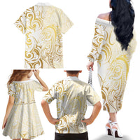 Gold And White Aotearoa Horse Racing Family Matching Off The Shoulder Long Sleeve Dress and Hawaiian Shirt NZ Maori Pattern LT14 - Polynesian Pride