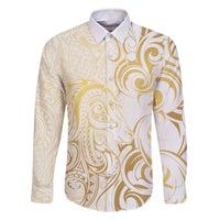 Gold And White Aotearoa Horse Racing Family Matching Off The Shoulder Long Sleeve Dress and Hawaiian Shirt NZ Maori Pattern LT14 Dad's Shirt - Long Sleeve White - Polynesian Pride