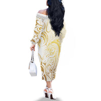 Gold And White Aotearoa Horse Racing Family Matching Off The Shoulder Long Sleeve Dress and Hawaiian Shirt NZ Maori Pattern LT14 - Polynesian Pride