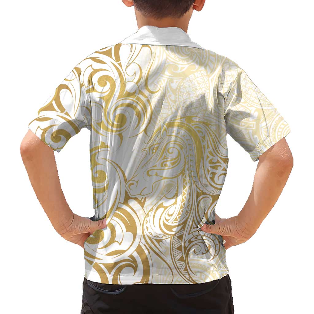 Gold And White Aotearoa Horse Racing Family Matching Short Sleeve Bodycon Dress and Hawaiian Shirt NZ Maori Pattern LT14 - Polynesian Pride