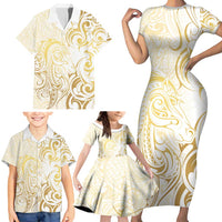 Gold And White Aotearoa Horse Racing Family Matching Short Sleeve Bodycon Dress and Hawaiian Shirt NZ Maori Pattern LT14 - Polynesian Pride