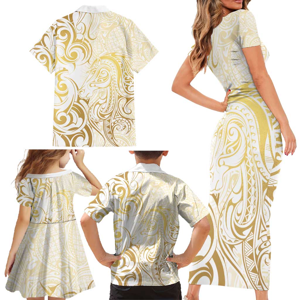 Gold And White Aotearoa Horse Racing Family Matching Short Sleeve Bodycon Dress and Hawaiian Shirt NZ Maori Pattern LT14 - Polynesian Pride