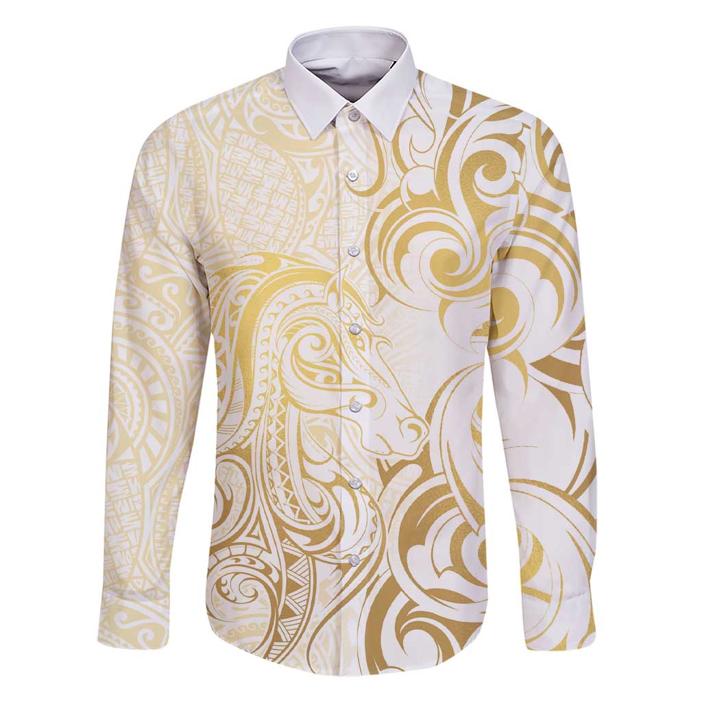 Gold And White Aotearoa Horse Racing Family Matching Short Sleeve Bodycon Dress and Hawaiian Shirt NZ Maori Pattern LT14 Dad's Shirt - Long Sleeve White - Polynesian Pride