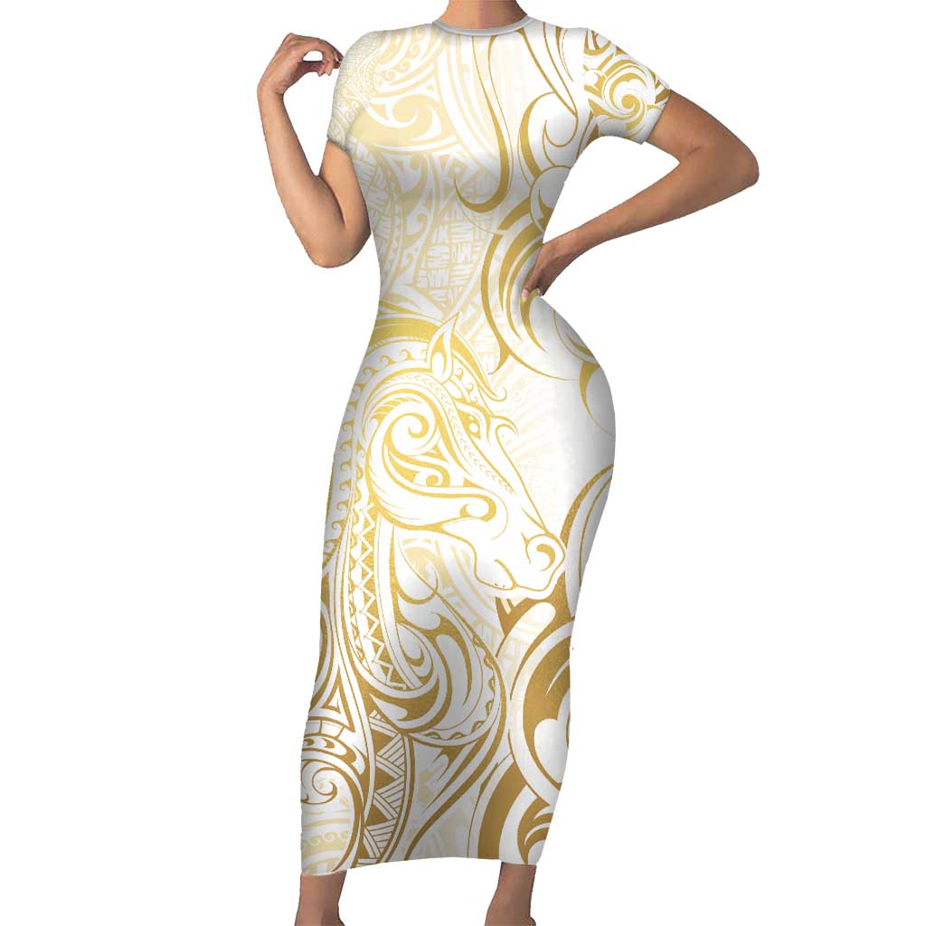 Gold And White Aotearoa Horse Racing Family Matching Short Sleeve Bodycon Dress and Hawaiian Shirt NZ Maori Pattern LT14 Mom's Dress White - Polynesian Pride