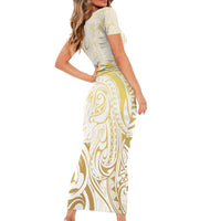 Gold And White Aotearoa Horse Racing Family Matching Short Sleeve Bodycon Dress and Hawaiian Shirt NZ Maori Pattern LT14 - Polynesian Pride