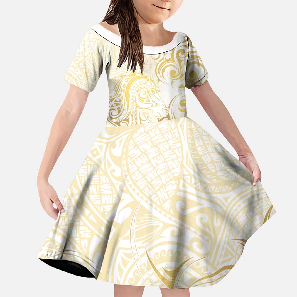 Gold And White Aotearoa Horse Racing Family Matching Tank Maxi Dress and Hawaiian Shirt NZ Maori Pattern LT14 Daughter's Dress White - Polynesian Pride