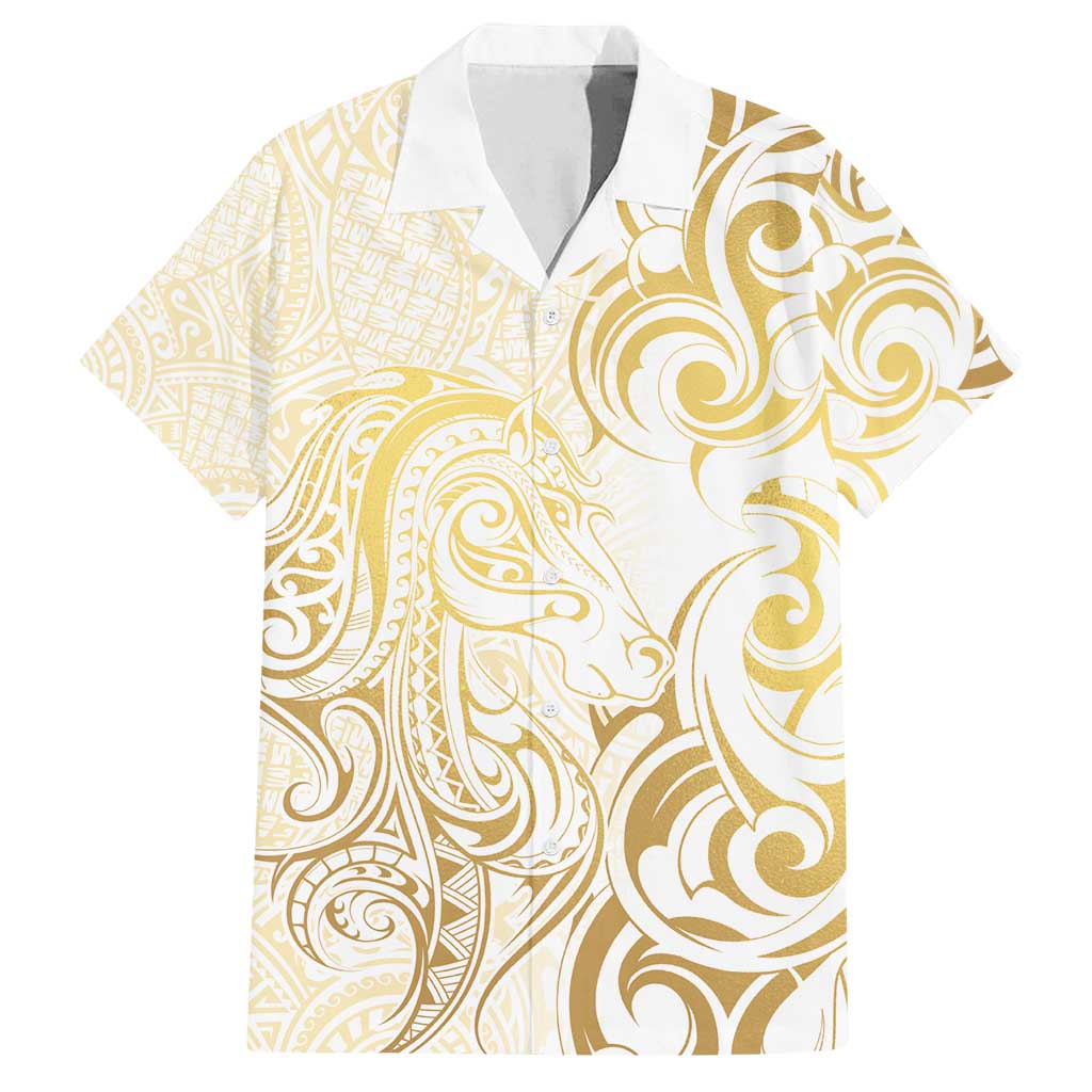 Gold And White Aotearoa Horse Racing Family Matching Tank Maxi Dress and Hawaiian Shirt NZ Maori Pattern LT14 Dad's Shirt - Short Sleeve White - Polynesian Pride