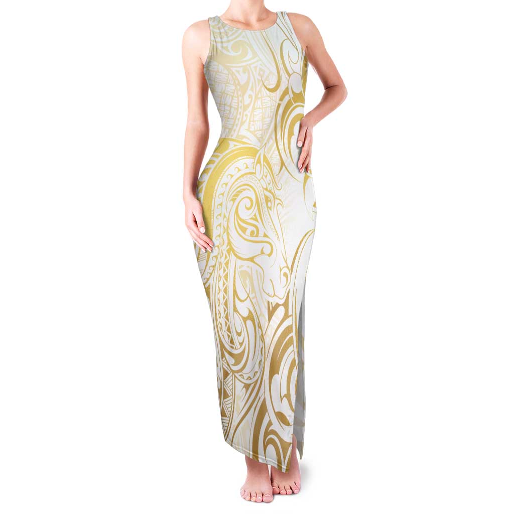 Gold And White Aotearoa Horse Racing Family Matching Tank Maxi Dress and Hawaiian Shirt NZ Maori Pattern LT14 Mom's Dress White - Polynesian Pride