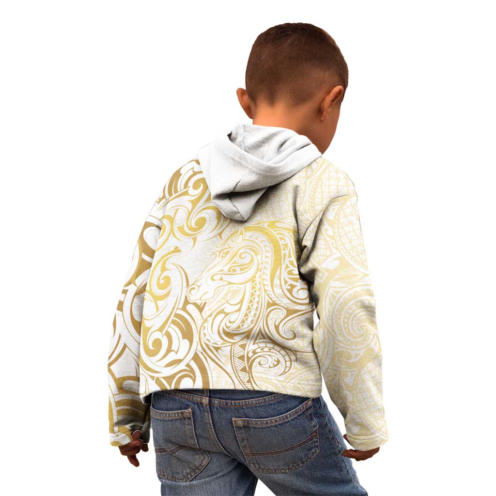 Gold And White Aoteara Horse Racing Kid Hoodie NZ Maori Pattern