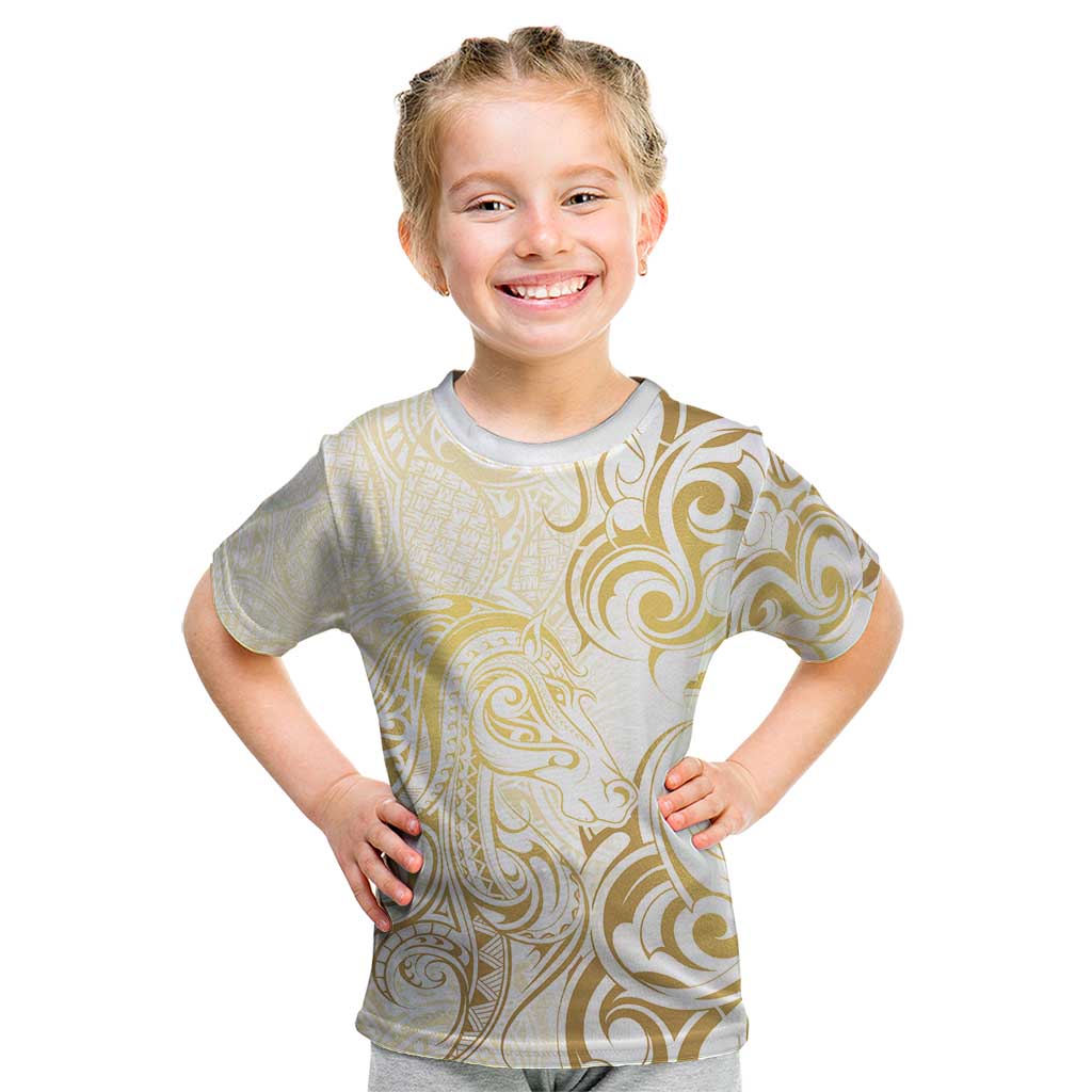 Gold And White Aoteara Horse Racing Kid T Shirt NZ Maori Pattern