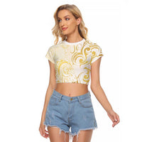 Gold And White Aoteara Horse Racing Raglan Cropped T Shirt NZ Maori Pattern