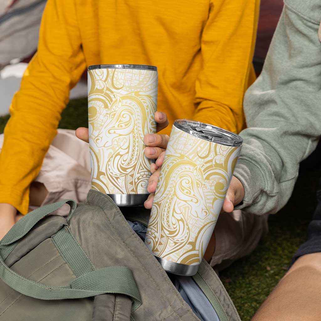 Gold And White Aoteara Horse Racing Tumbler Cup NZ Maori Pattern