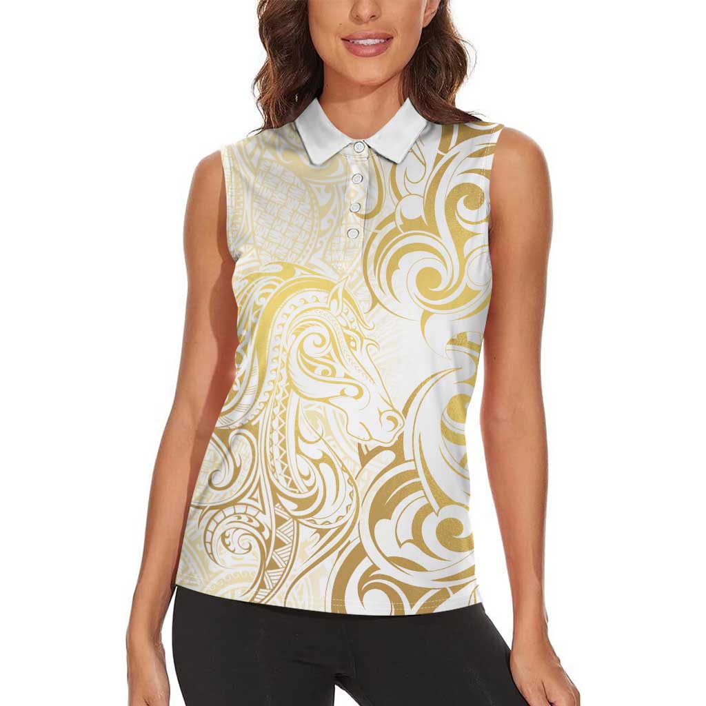 Gold And White Aoteara Horse Racing Women Sleeveless Polo Shirt NZ Maori Pattern