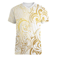 Gold And White Aoteara Horse Racing Women V-Neck T-Shirt NZ Maori Pattern