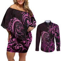 Pink Aoteara Horse Racing Couples Matching Off Shoulder Short Dress and Long Sleeve Button Shirt NZ Maori Pattern