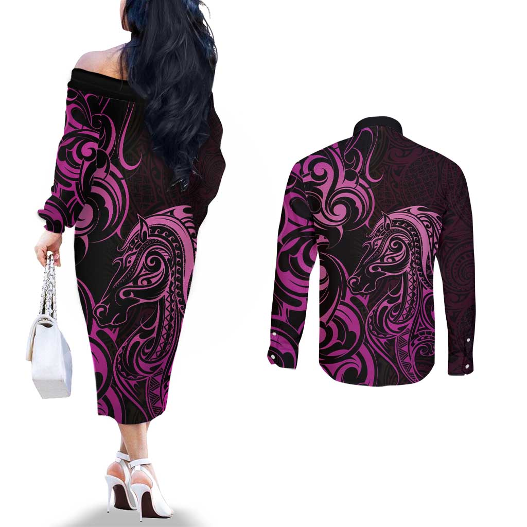Pink Aoteara Horse Racing Couples Matching Off The Shoulder Long Sleeve Dress and Long Sleeve Button Shirt NZ Maori Pattern