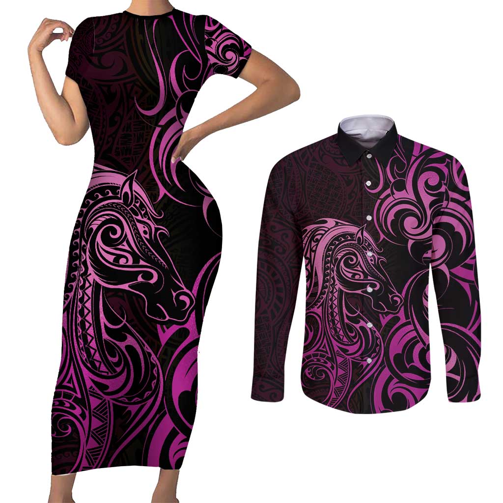 Pink Aoteara Horse Racing Couples Matching Short Sleeve Bodycon Dress and Long Sleeve Button Shirt NZ Maori Pattern