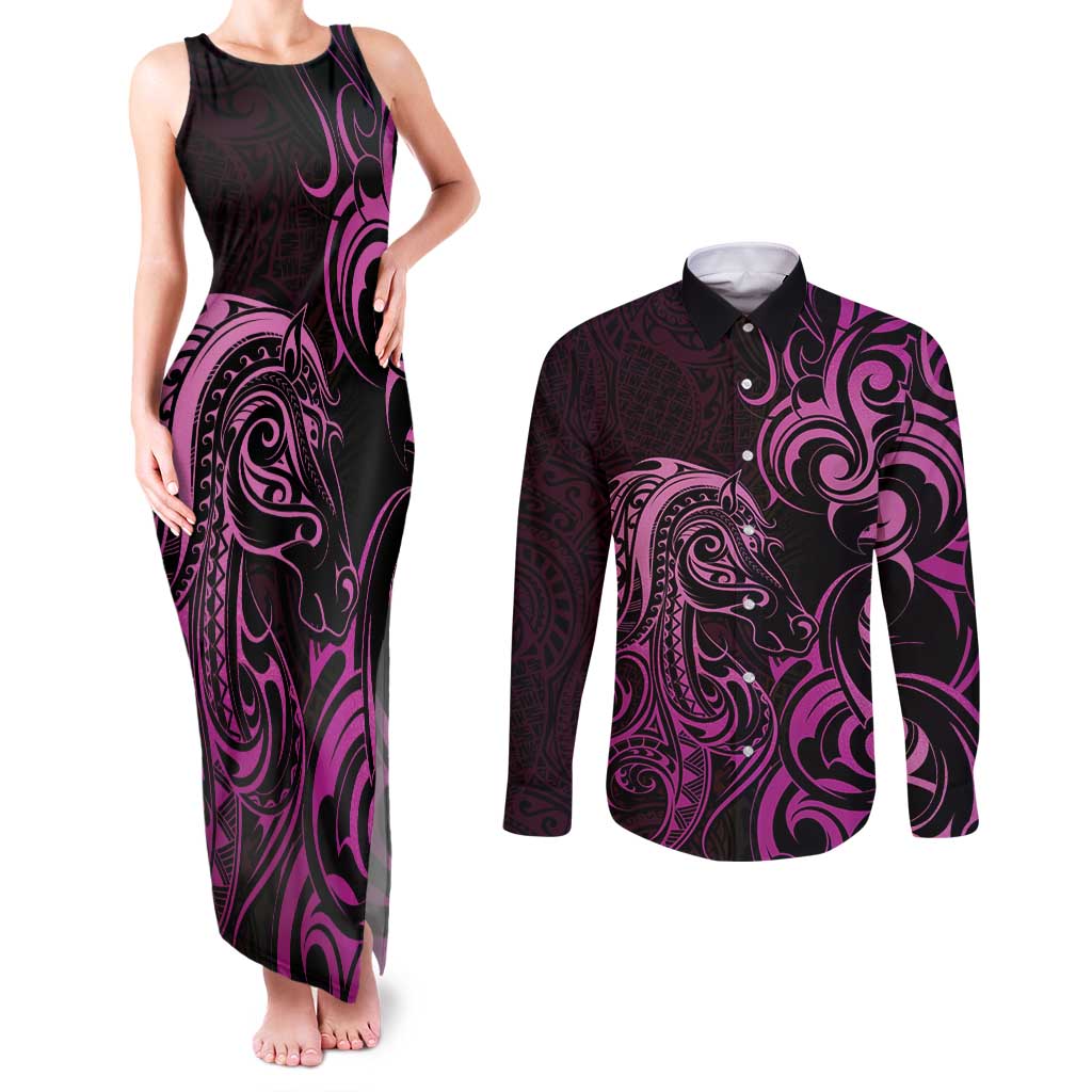 Pink Aoteara Horse Racing Couples Matching Tank Maxi Dress and Long Sleeve Button Shirt NZ Maori Pattern