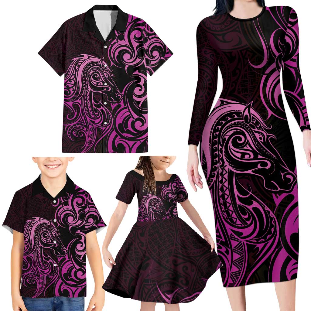 Pink Aotearoa Horse Racing Family Matching Long Sleeve Bodycon Dress and Hawaiian Shirt NZ Maori Pattern LT14 - Polynesian Pride