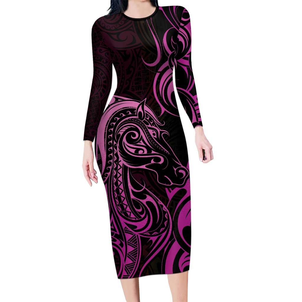 Pink Aotearoa Horse Racing Family Matching Long Sleeve Bodycon Dress and Hawaiian Shirt NZ Maori Pattern LT14 Mom's Dress Pink - Polynesian Pride