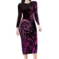 Pink Aotearoa Horse Racing Family Matching Long Sleeve Bodycon Dress and Hawaiian Shirt NZ Maori Pattern LT14 Mom's Dress Pink - Polynesian Pride