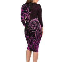 Pink Aotearoa Horse Racing Family Matching Long Sleeve Bodycon Dress and Hawaiian Shirt NZ Maori Pattern LT14 - Polynesian Pride