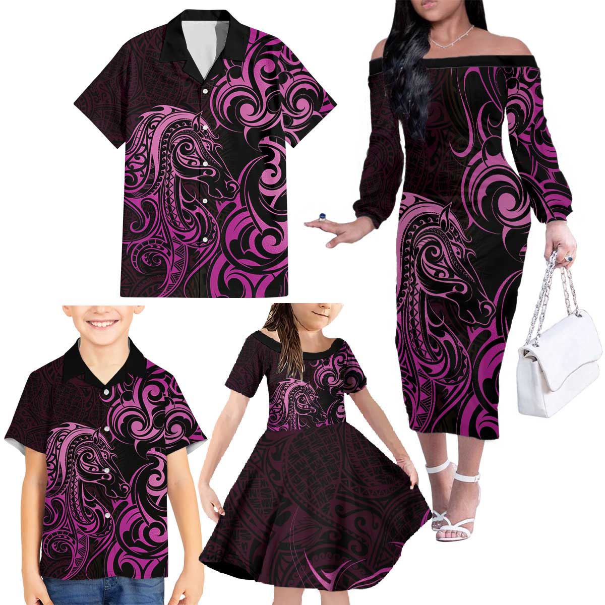Pink Aotearoa Horse Racing Family Matching Off The Shoulder Long Sleeve Dress and Hawaiian Shirt NZ Maori Pattern LT14 - Polynesian Pride
