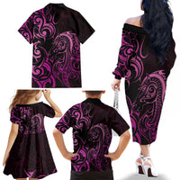 Pink Aotearoa Horse Racing Family Matching Off The Shoulder Long Sleeve Dress and Hawaiian Shirt NZ Maori Pattern LT14 - Polynesian Pride