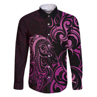Pink Aotearoa Horse Racing Family Matching Off The Shoulder Long Sleeve Dress and Hawaiian Shirt NZ Maori Pattern LT14 Dad's Shirt - Long Sleeve Pink - Polynesian Pride