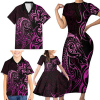 Pink Aotearoa Horse Racing Family Matching Short Sleeve Bodycon Dress and Hawaiian Shirt NZ Maori Pattern LT14 - Polynesian Pride
